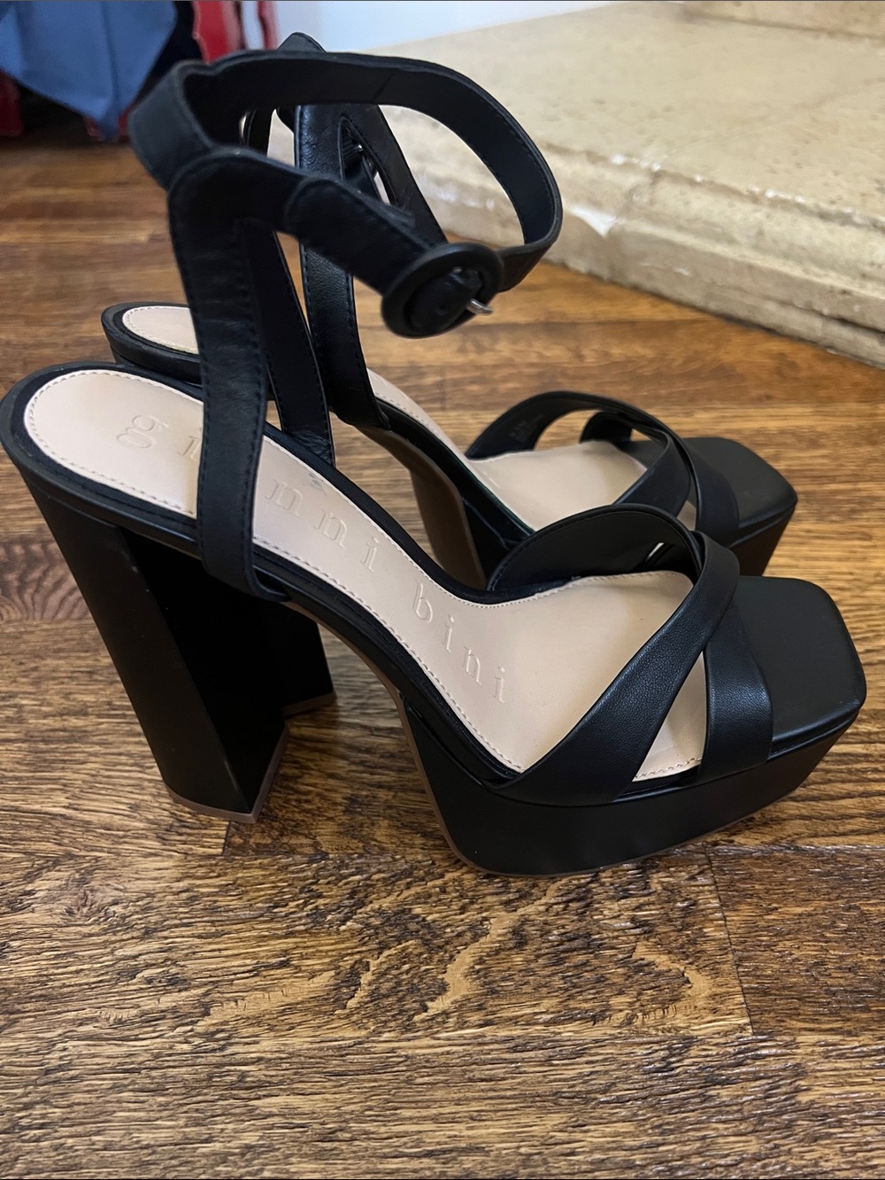 Gianni Bini Black Strappy Square Toe Block Heels - Picture 2 of 5